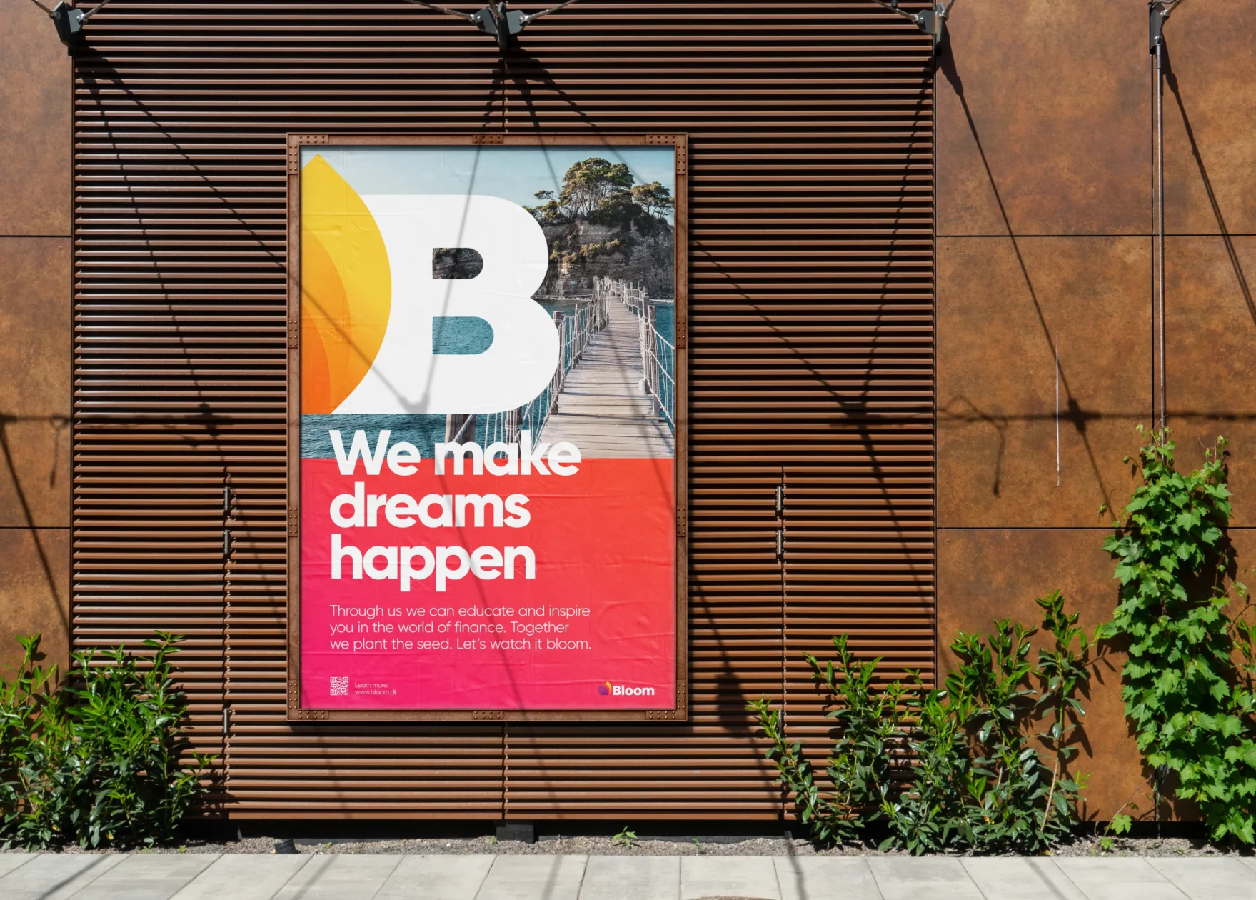 A colorful poster with the Bloom branding. A bridge to a tropical paradise is used as the background.